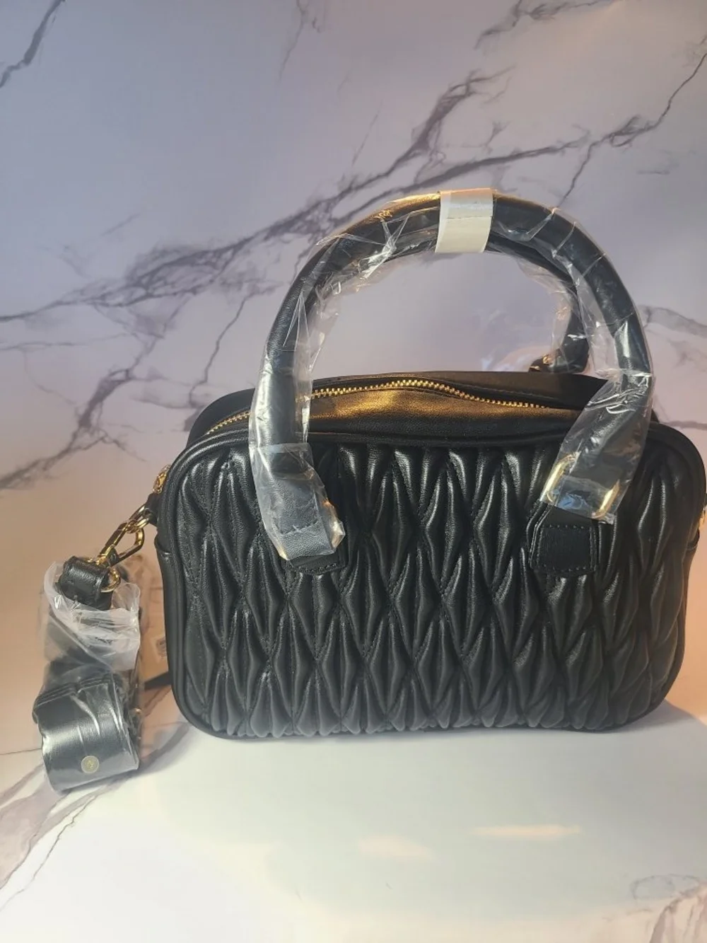 Valentino Orlandi Black Quilted Satchel with Gold Emblem